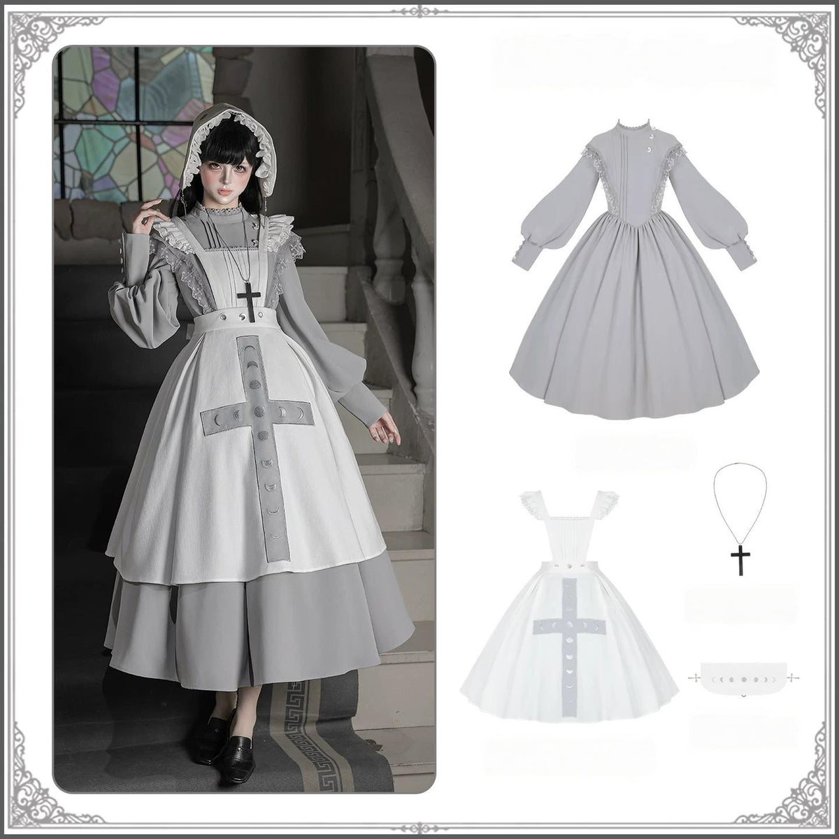 Moon Phase - Gothic Lolita OP Dress Set, Detachable Cross-Shaped Apron (M S) 46035:873472