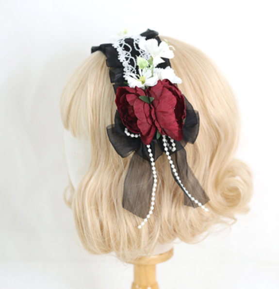 Xiaogui - Elegant Lolita Floral Lace Handmade Headband black with a retaining clip