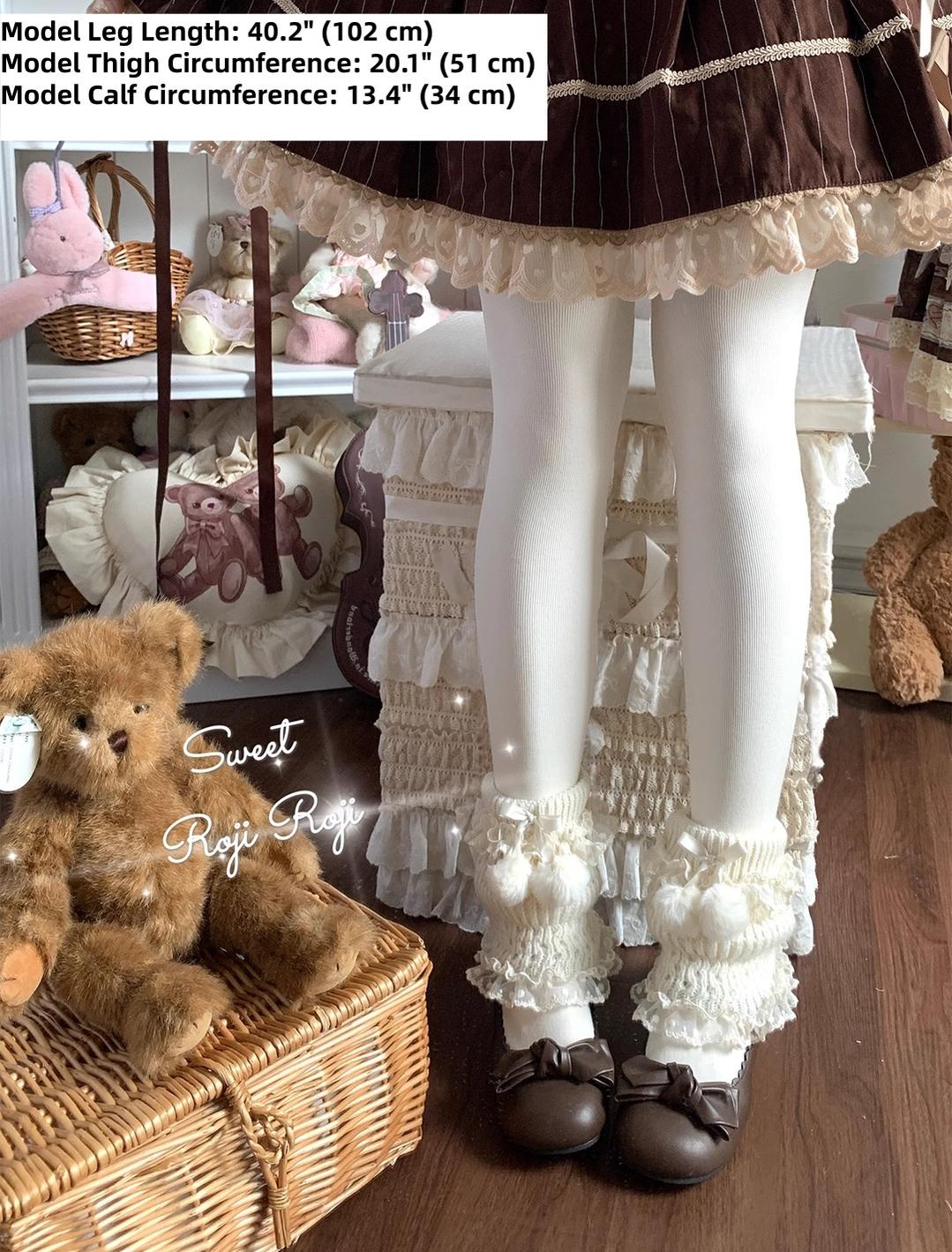Roji Roji - Kawaii Lolita Wool Leg Warmers, Pom-Pom Accented Bow 43999:791802