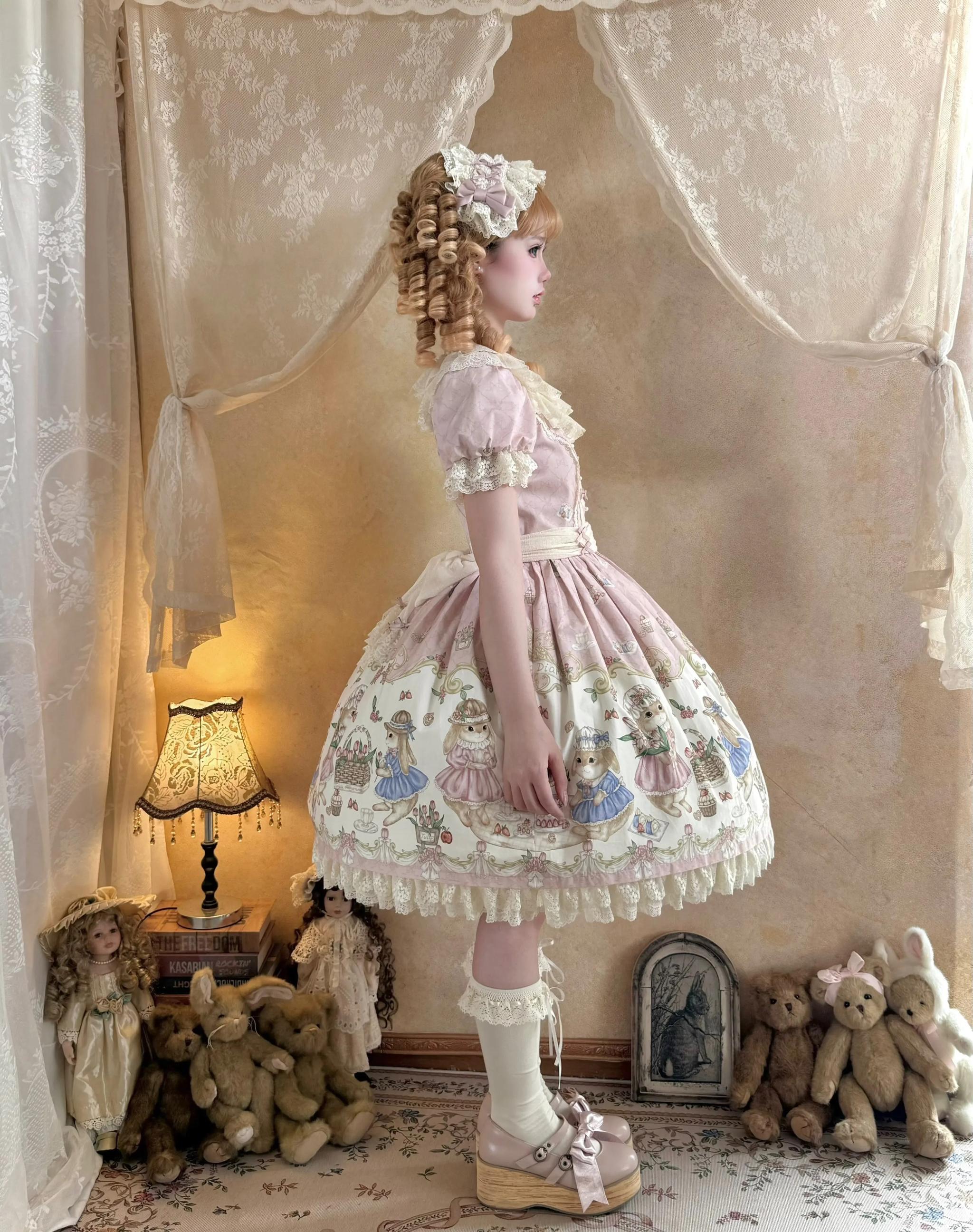 Picnic Bunny - Cotton Daily Doll-like Lolita OP Dress, Bunny Print 45670:858013