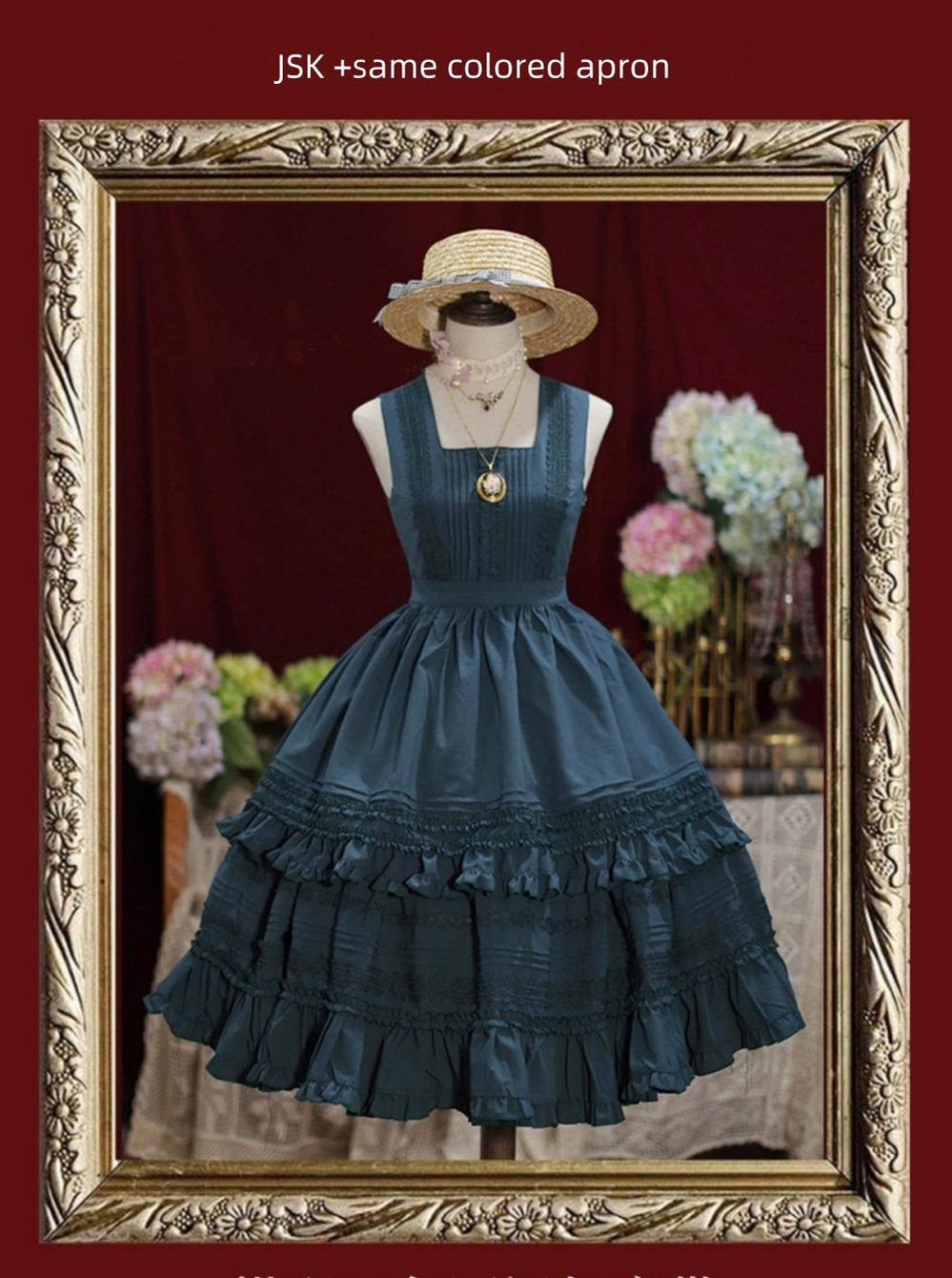Tiny Garden - Nocturne Reminiscence - Elegant Lolita JSK Dress Multi-Wear Apron Dress Set S Peacock blue apron only