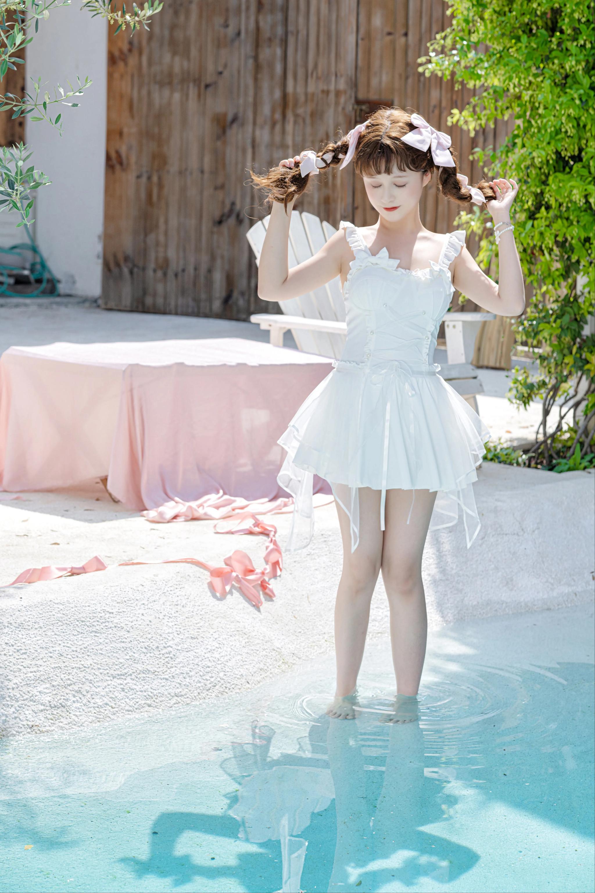 Your Princess - White Lolita Inspired Swimsuit with Pearls and Tulle Overlay