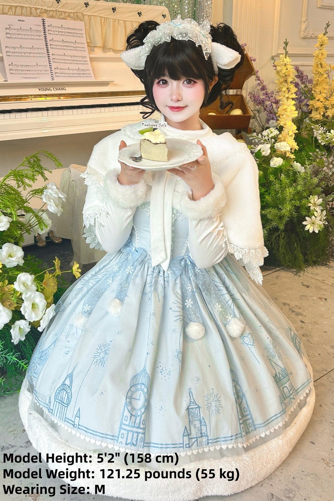 ZhiJinYuan - Snow Castle - Winter Sweet Lolita JSK Cape Dress, Blue Castle Print 44107:796775