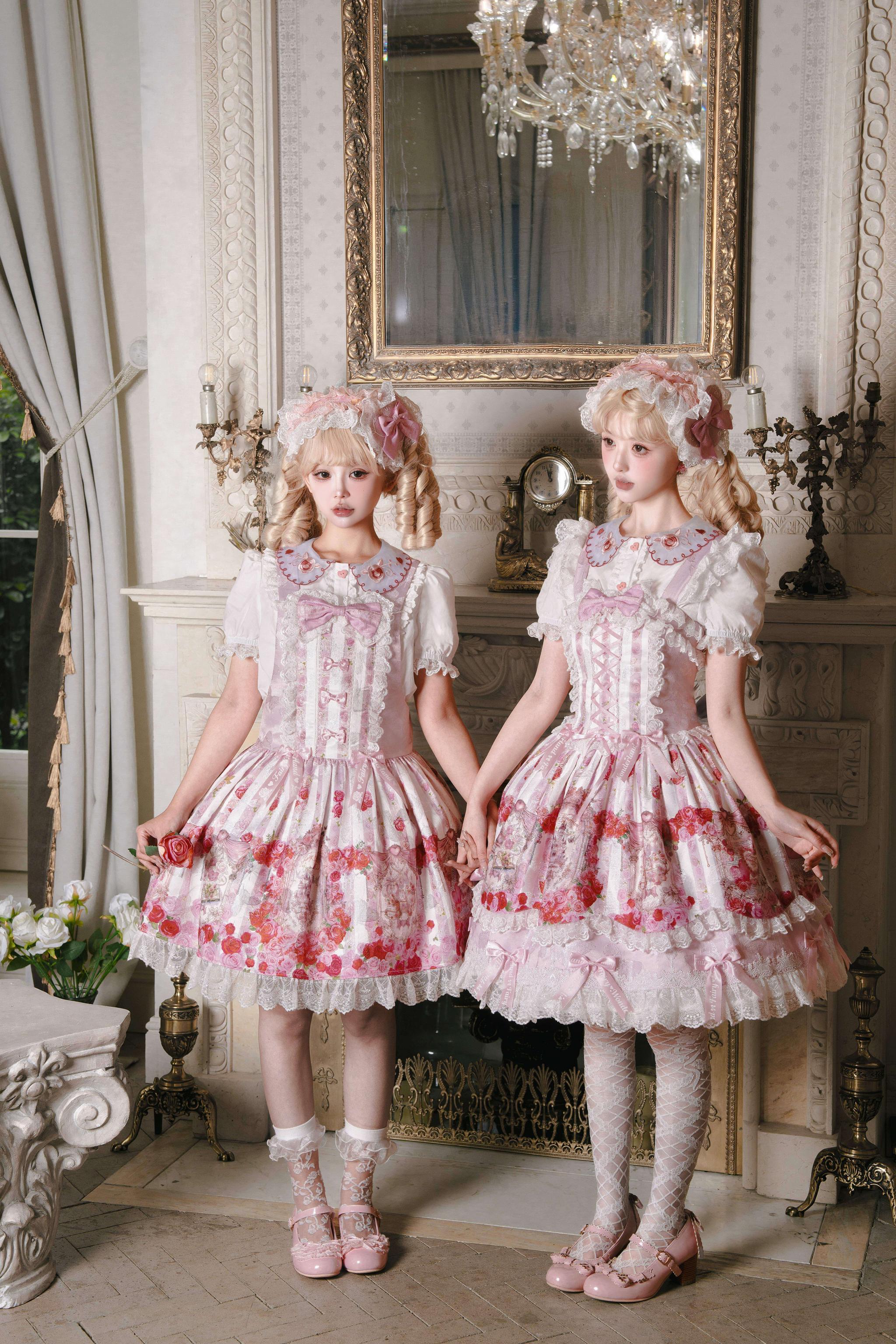 Rose Dream Isle - Sweet Lolita Rose Wall Print Dress, Embroidery & Bows