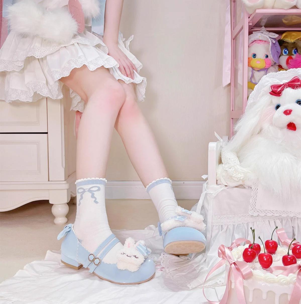 Sheep Puff~Mimitty Rabbit~Kawaii Lolita Low Heel Shoes Plush Bunny Spring Lolita Shoes   