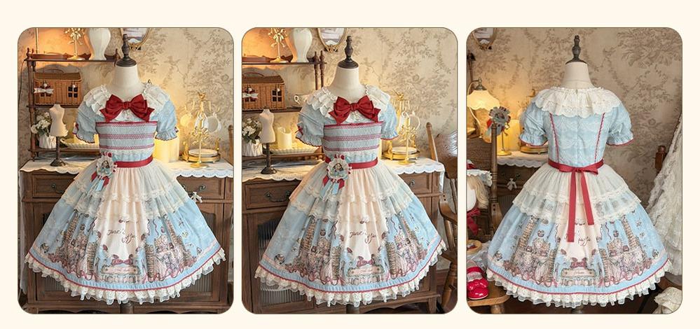 Pancake Postman - Kawaii Lolita Printed OP & Salopette Dress, Lace & Bows 45174:838693