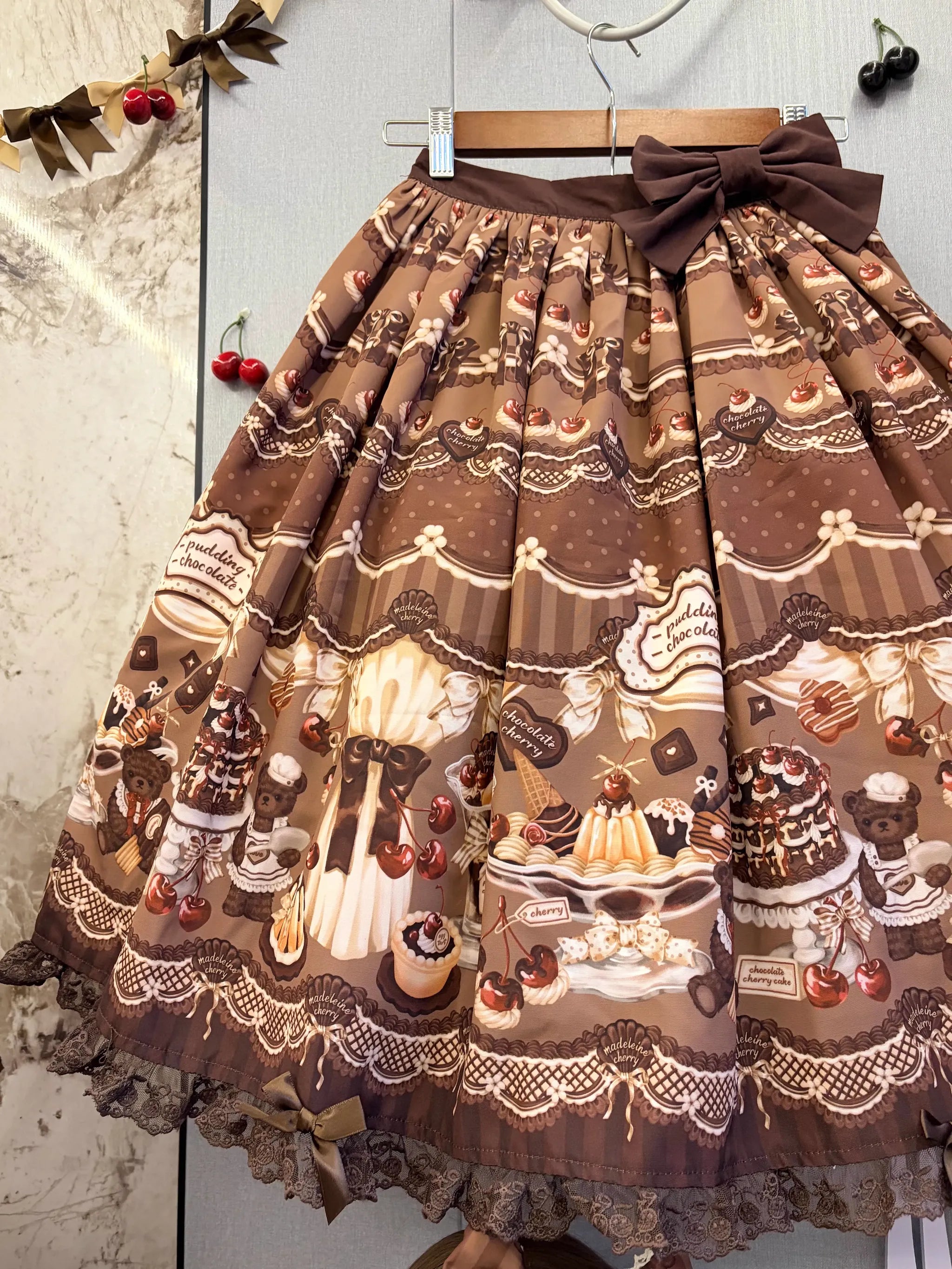 Cherry Choco Bear - Kawaii Lolita Elastic Skirt, Dessert and Cherry Print
