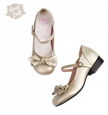 Sheep Puff~Kawaii Lolita Round Toe Mary Jane Shoes 35 gold low heel 