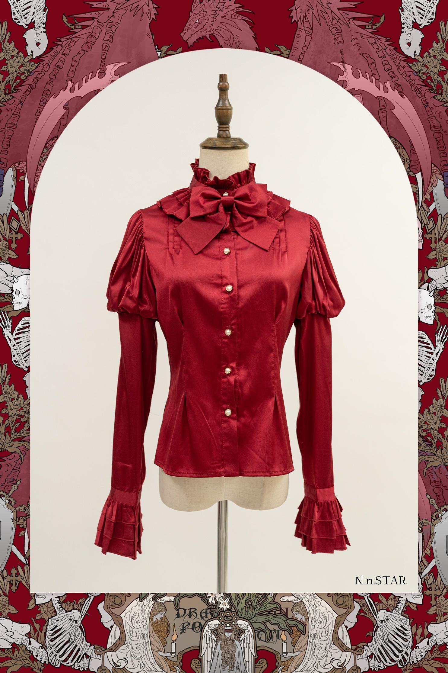Nn Star - Dragonbone Lily - Gothic Lolita Satin Shirt with Vintage Julie Sleeves Red M