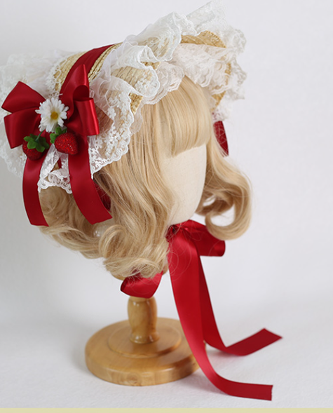 Xiaogui - Sweetie Zhi Fan - Country Lolita Lace French Straw Hat no restriction on head circumference, with fixing clip dark red