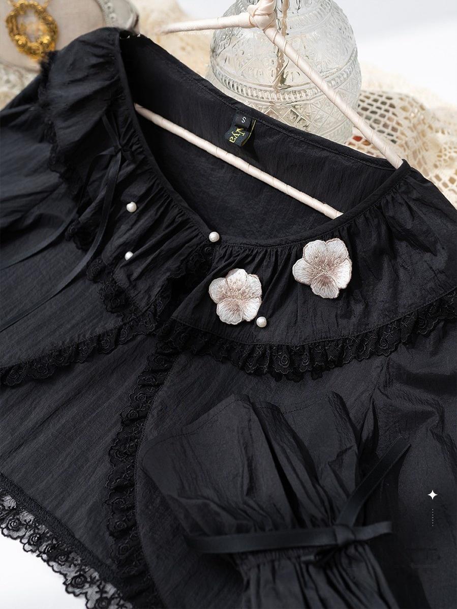 NyaNya - Four Seasons - UPF50+ Daily Lolita Light Cardigan With Embroidered Floral Black (textured fabric) S