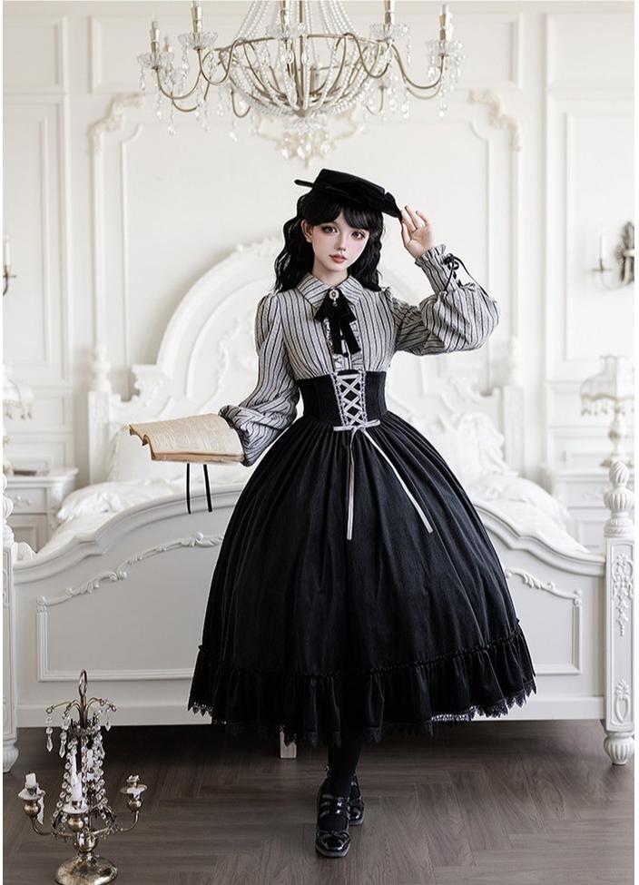 Dusk Moment - Classic Lolita Striped OP & Mermaid Dress Set, Fishbone Waist 44498:810732