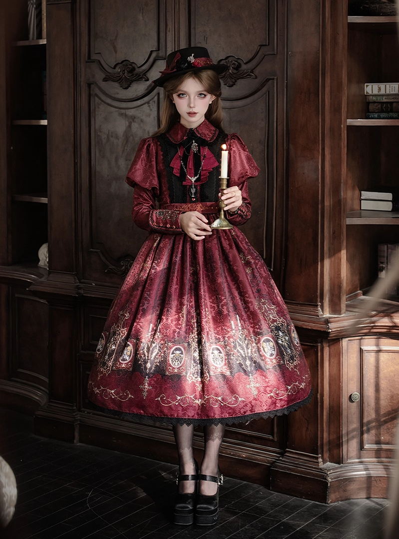 Blood Night Lantern - Jacquard Gothic Lolita Dress, Juliet Sleeve 44543:812420