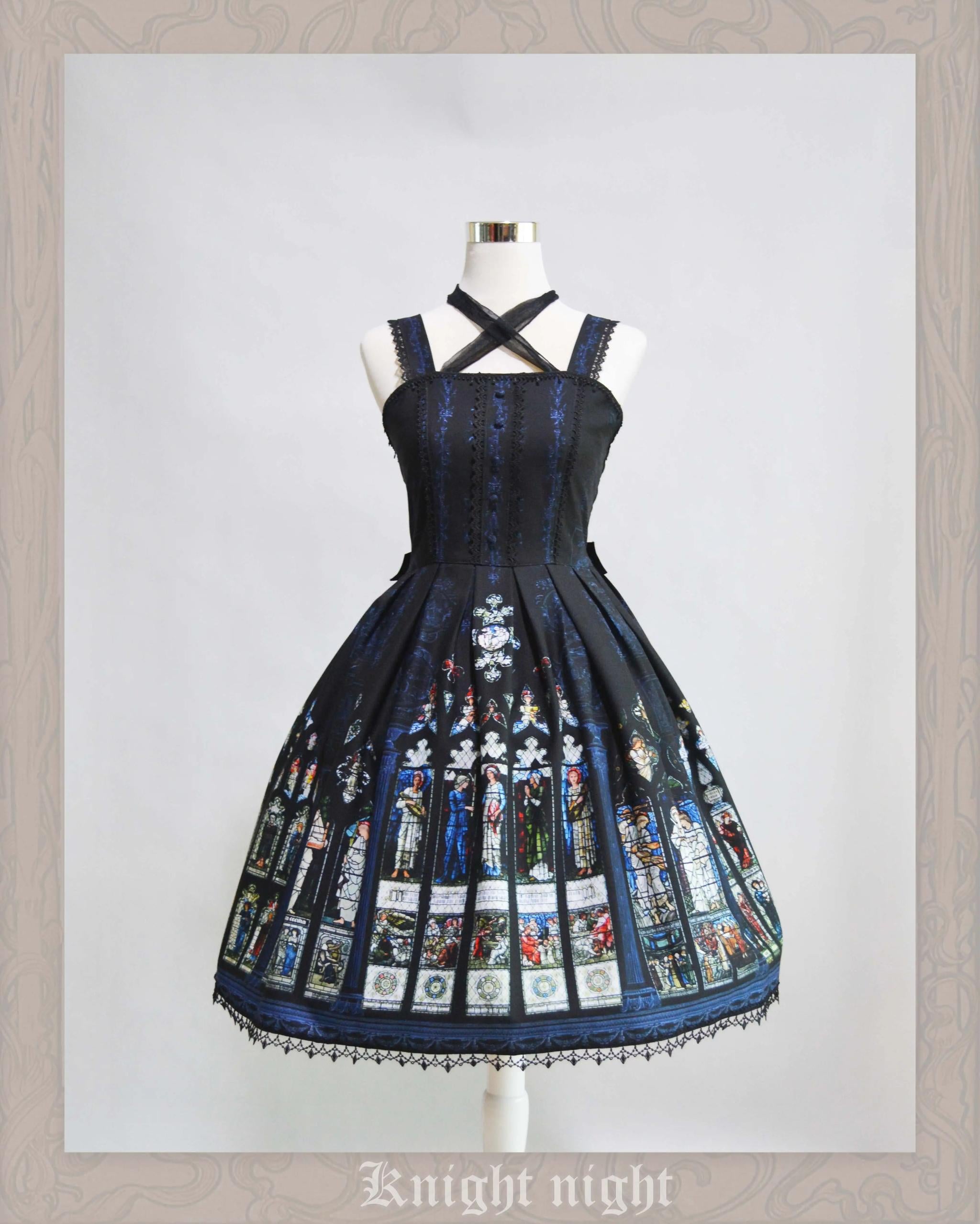 Knight Night - The Saint Priest - Vintage Lolita JSK Dress Halter Neckline S Black X Blue