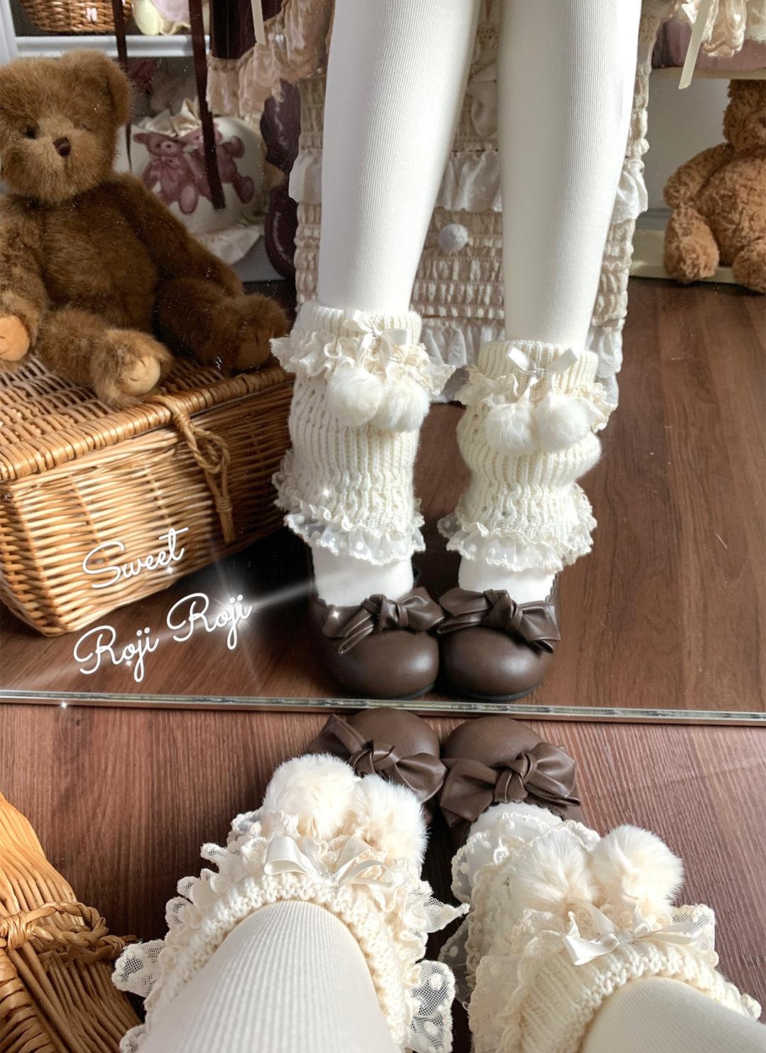 Roji Roji - Kawaii Lolita Wool Leg Warmers, Pom-Pom Accented Bow 43999:791800