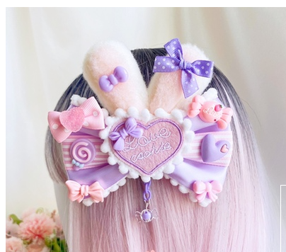 Sweetheart Endless - Sweet Lolita Lace Rabbit Ears Cuffs Multicolor a purple-pink heart badge (not cuff)