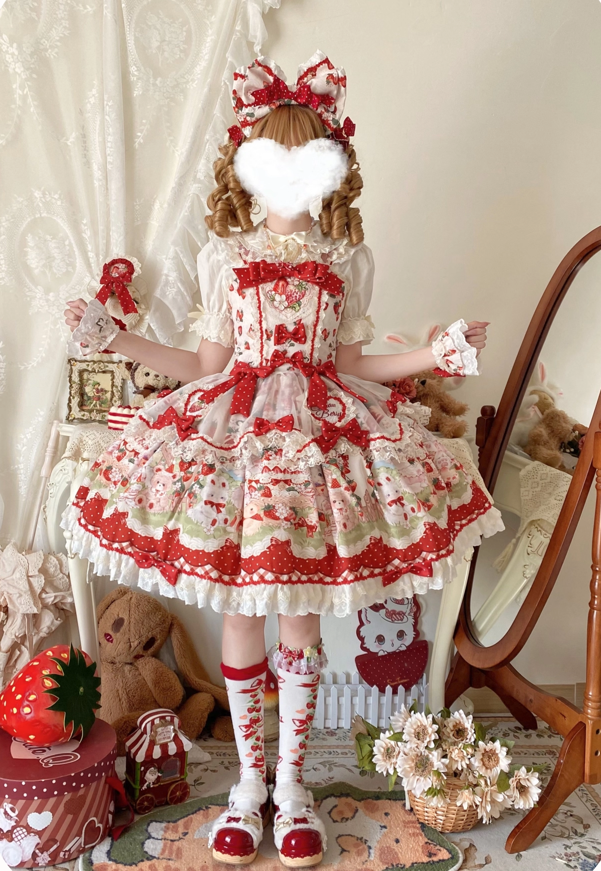 Strawberry Cat - Printed Sweet Lolita JSK Dress, Embroidered Strawberry
