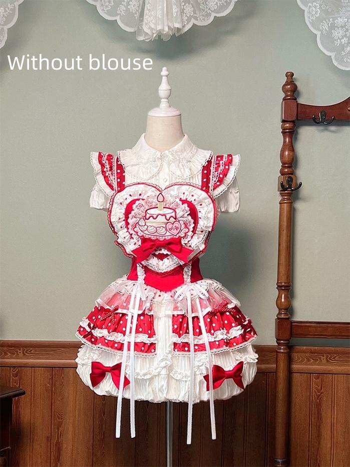 Shuang Sheng Xiao Xiong - Bite The Cake - Sweet Lolita Dress, Red & White Polka Dots Small Bubble Suspender Skirt XS
