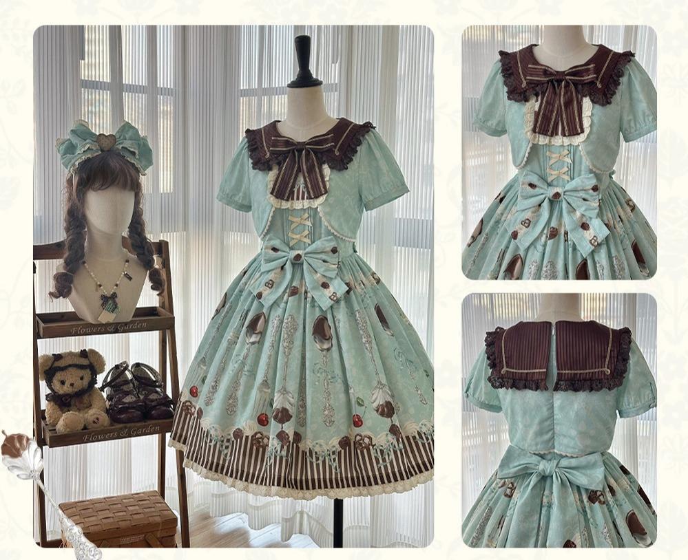 Dessert - Kawaii Lolita Sailor Collar OP Dress, Chocolate & Fork Print 44905:827091