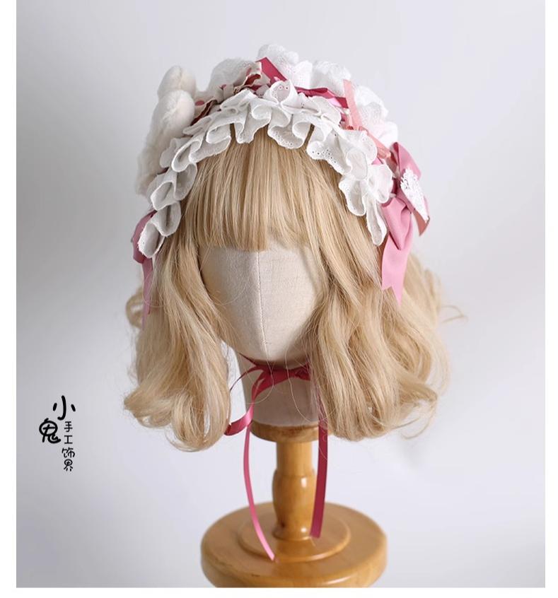 Xiaogui - Sweet Lolita Headdress Pink White Top Hat and Hairband
