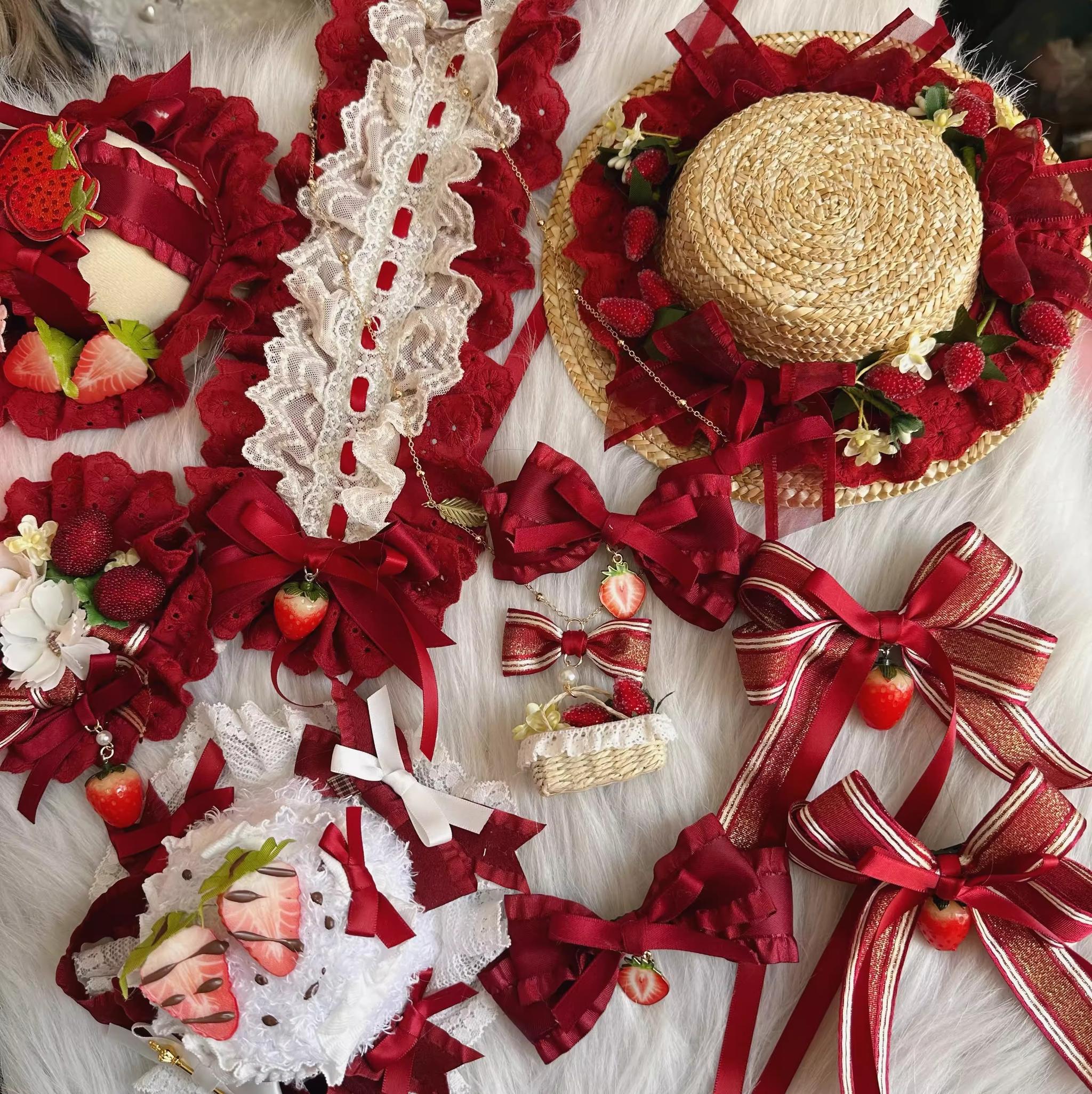 Red Sweet Lolita Headdress, Bows and Strawberry Pendants