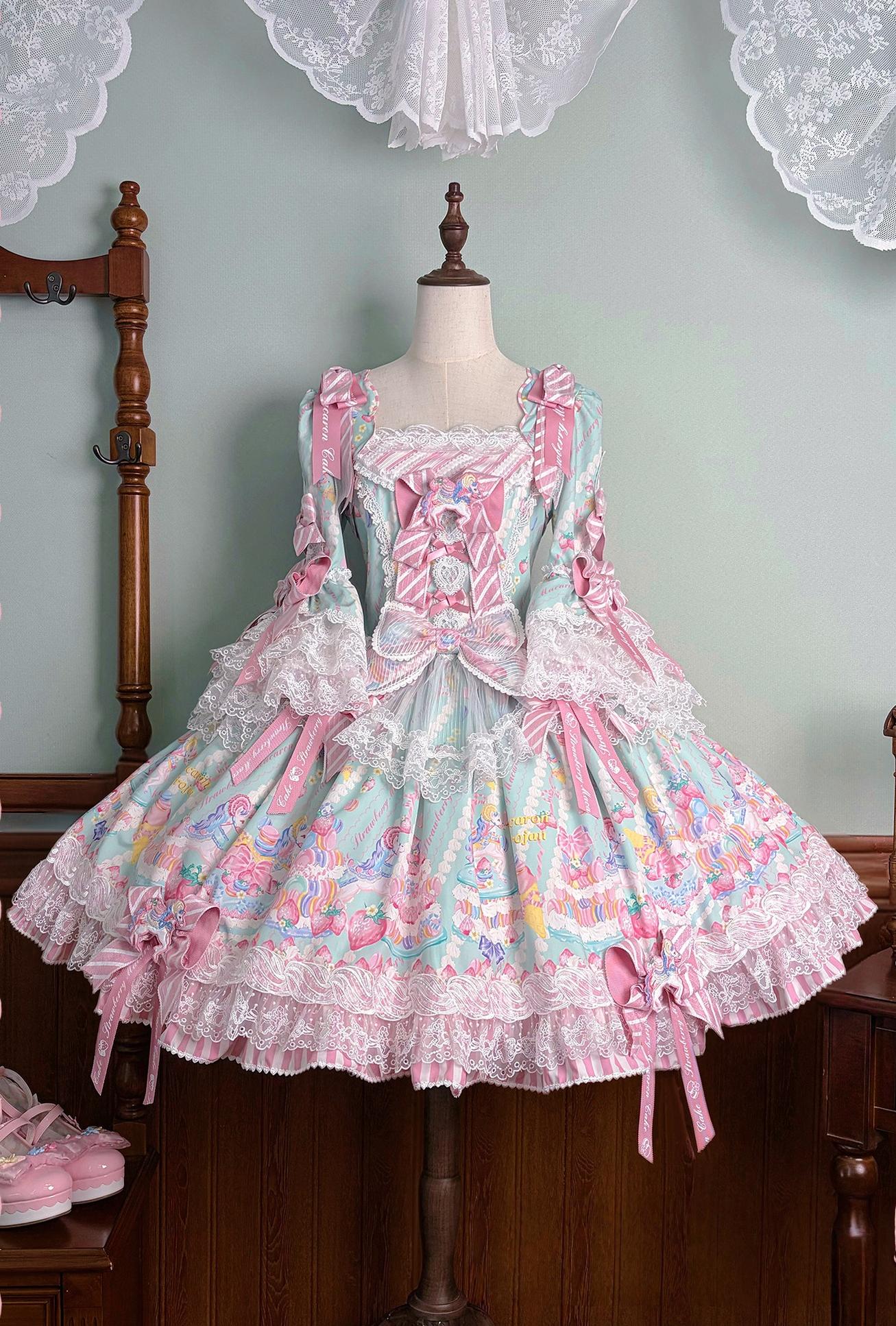 Macaron - Printed Sweet Lolita OP Dress, Old School Lolita JSK Available (L M S XL XS) 45078:834044