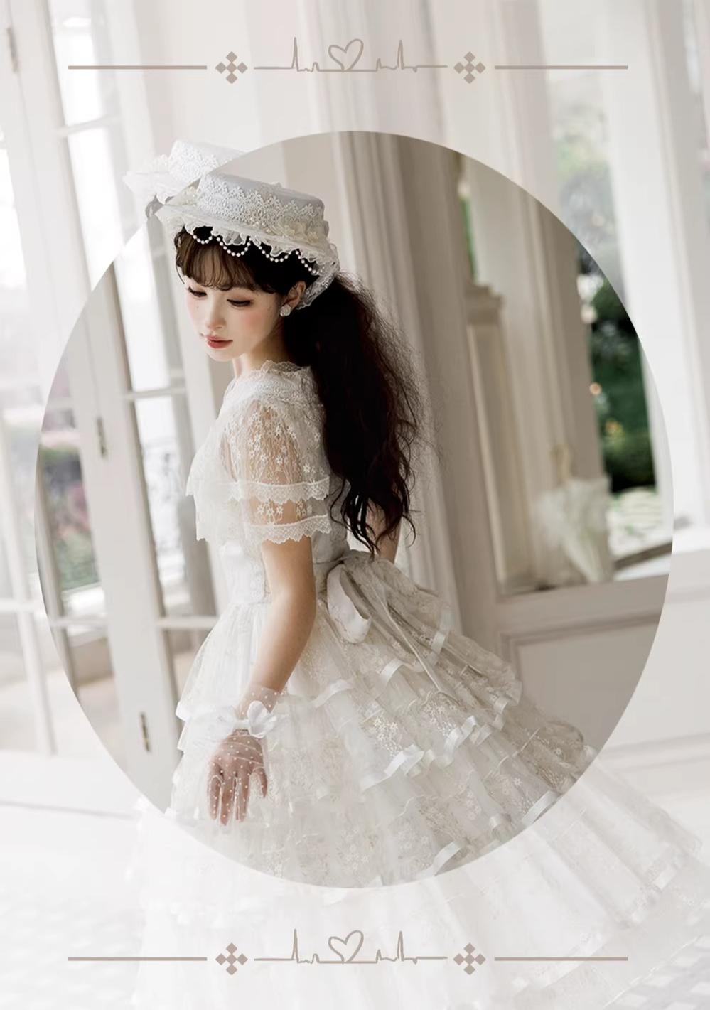 Morning Dew Lily - White Classic Lolita OP Dress, Tiered Skirt