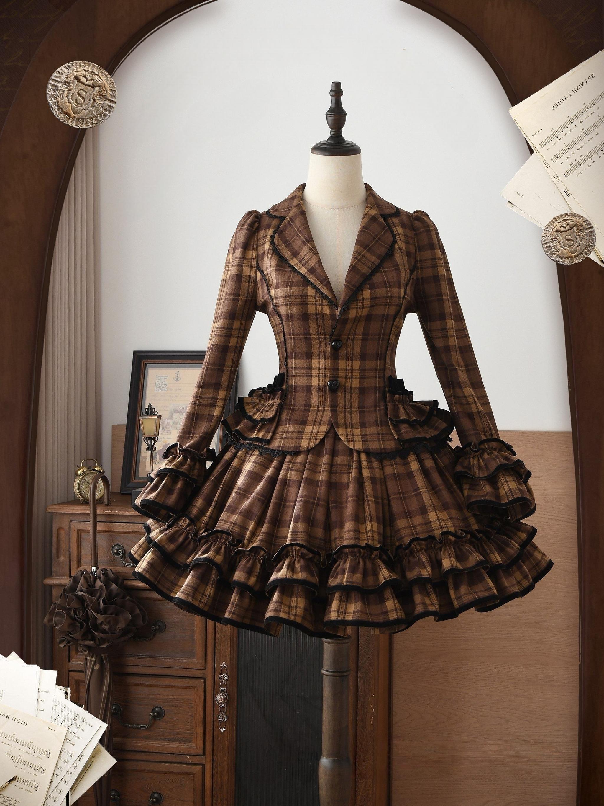 Chris's Notes - Old School Lolita Plaid Coat Set, Tiered Skirt