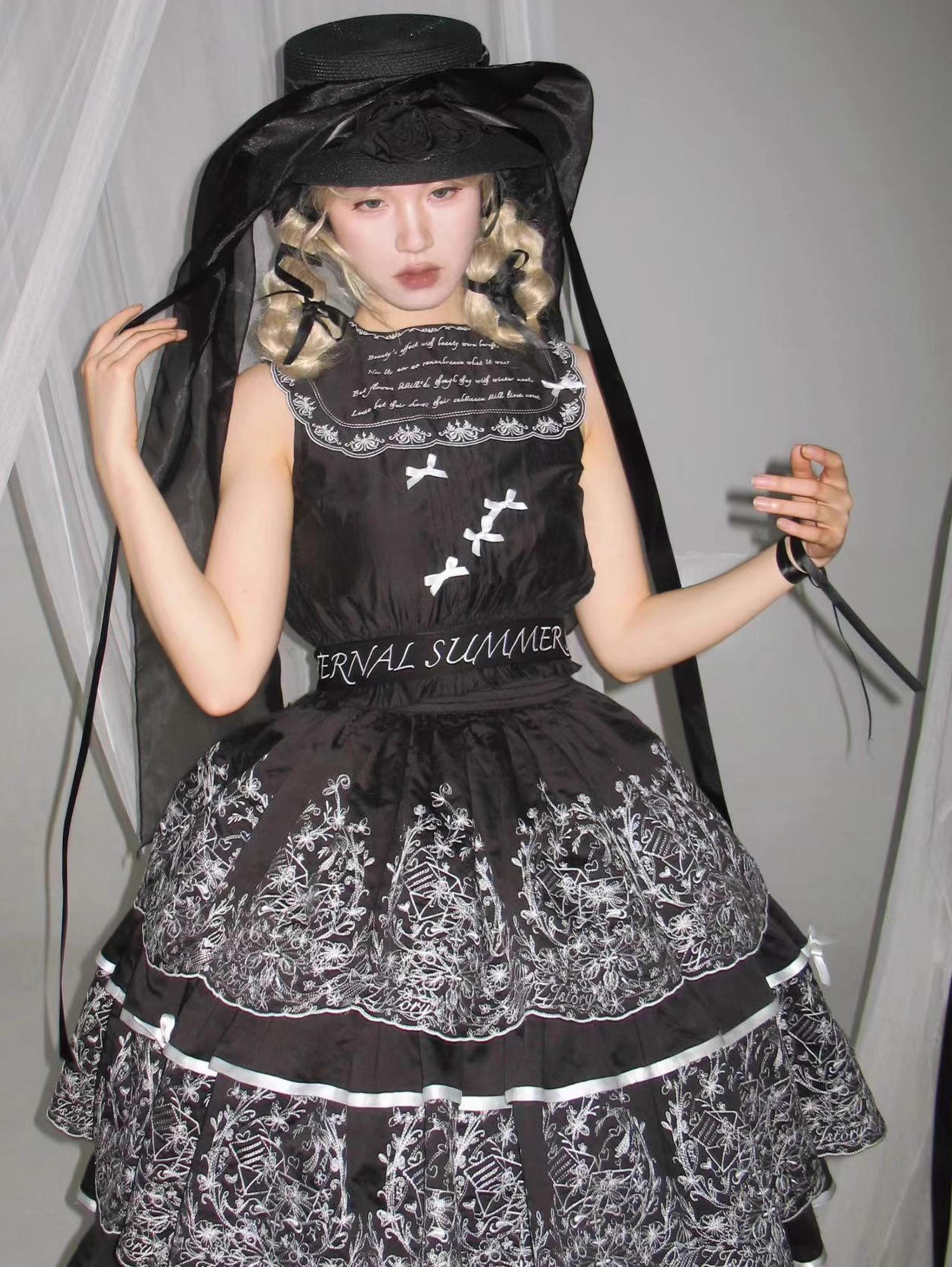 ZJstory - Sonnet Summer - Sweet Lolita Dress Set Embroidery Shirt Tiered Jumper Dress Black - tiered skirt Only S
