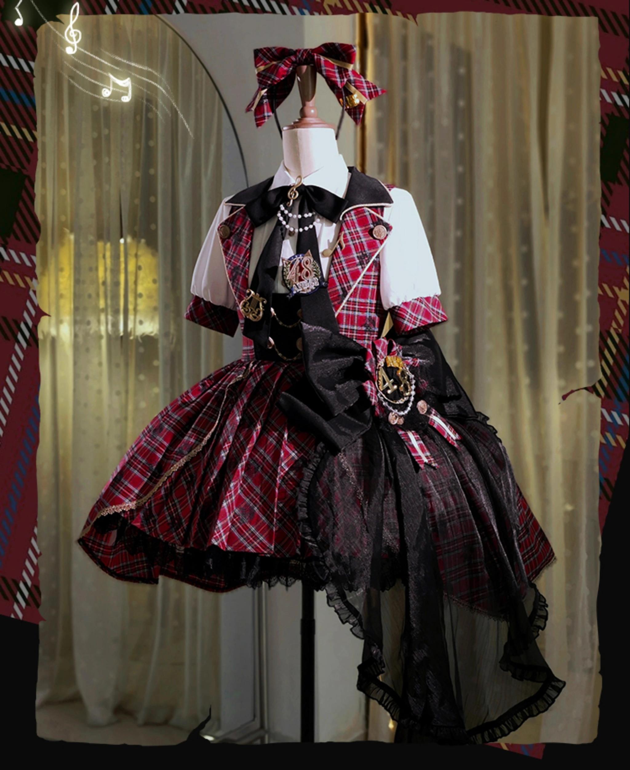 Forest Fluorescent Carps - IP Collab Sweet Lolita Performance Outfit Red Plaid JSK Full Set