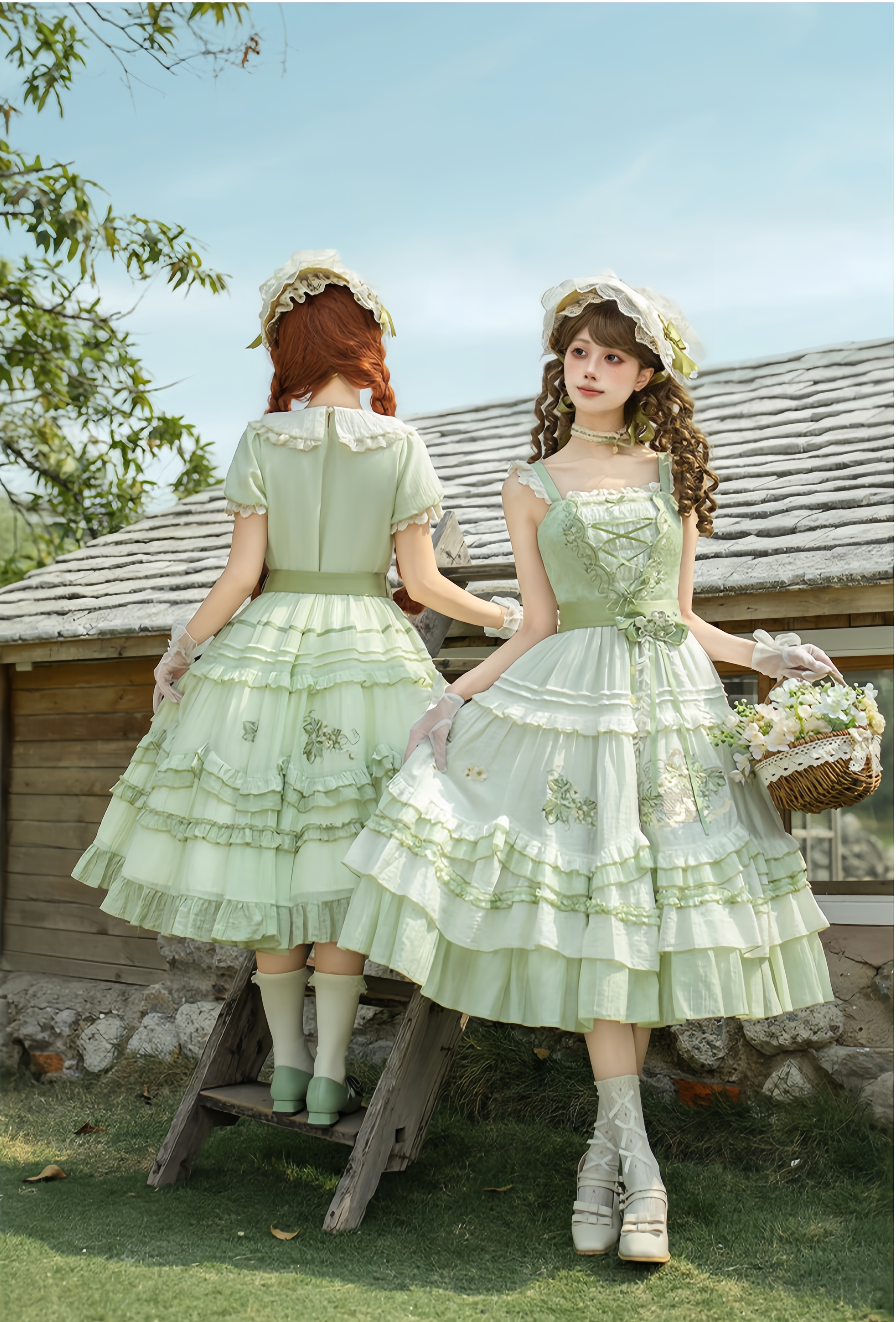 Green Grape - Embroidered Country Lolita OP Dress, Tiered JSK