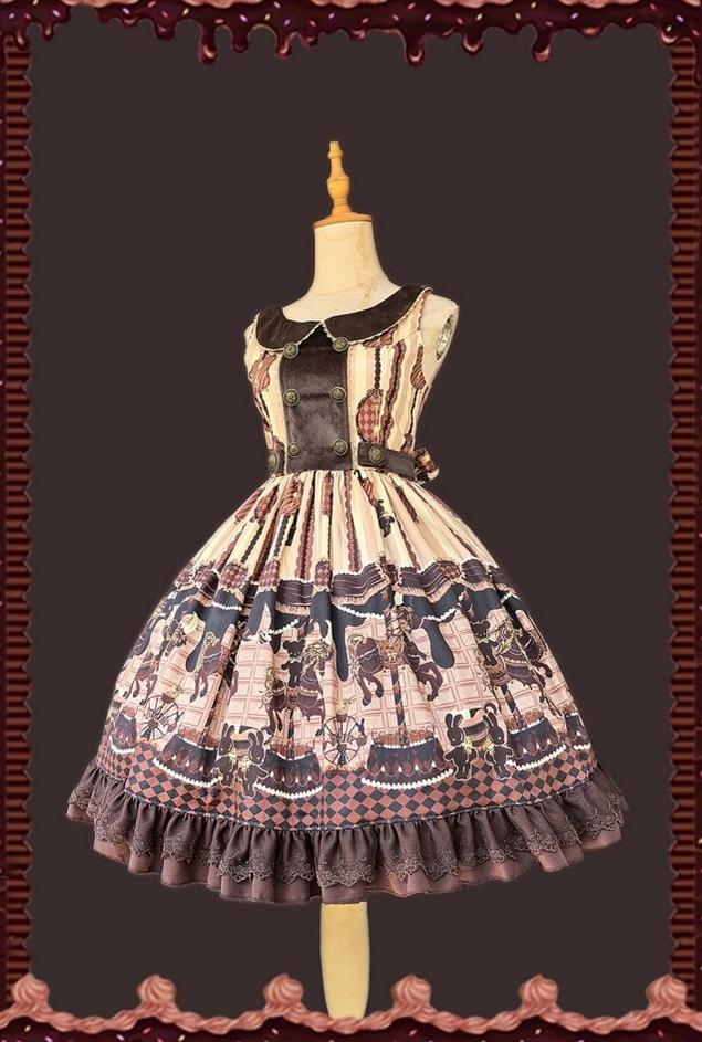 Chocolate Carousel - Peter Pan Collar Old School Lolita JSK Dress, Carousel Print