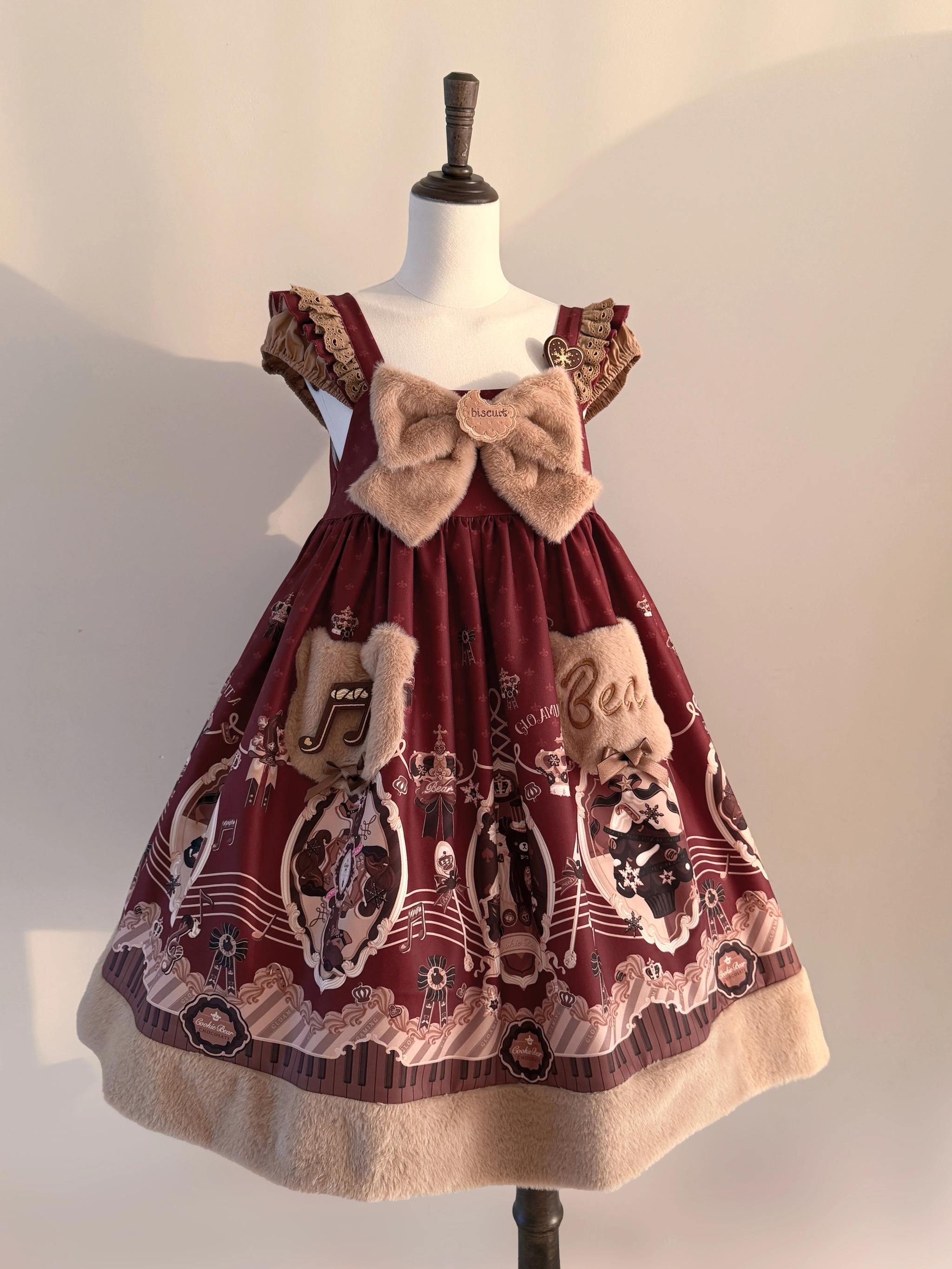 Cream Bear - Print Kawaii Lolita Fake Two-Piece OP, A-lined JSK Dress (L M S XL) 44502:811742