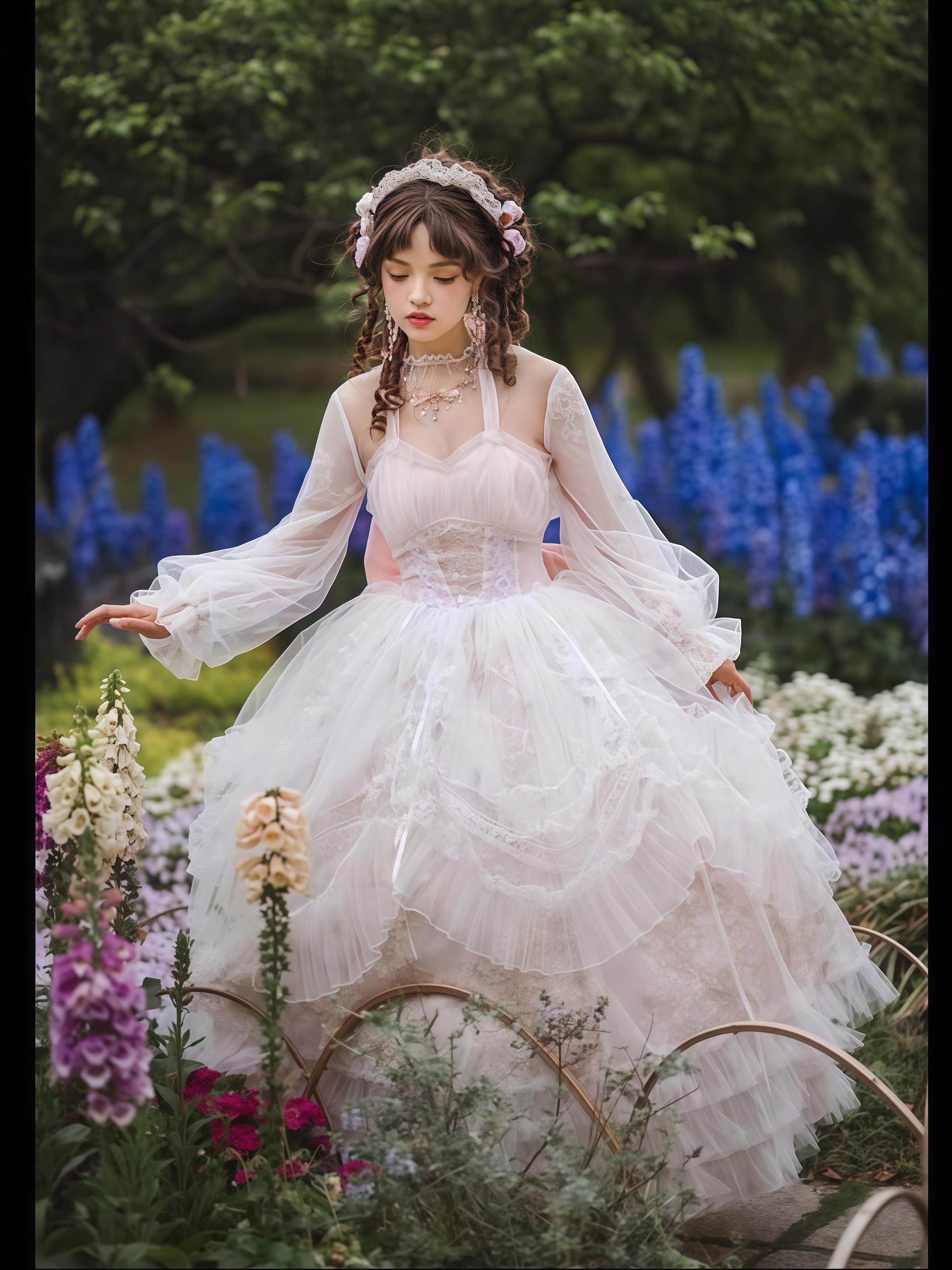 Daydream Whisper - Endless Summer - Bridal Wedding Lolita JSK Open-Back Dress Adjustable embroidered lace overlay only (One Size/choose M) S