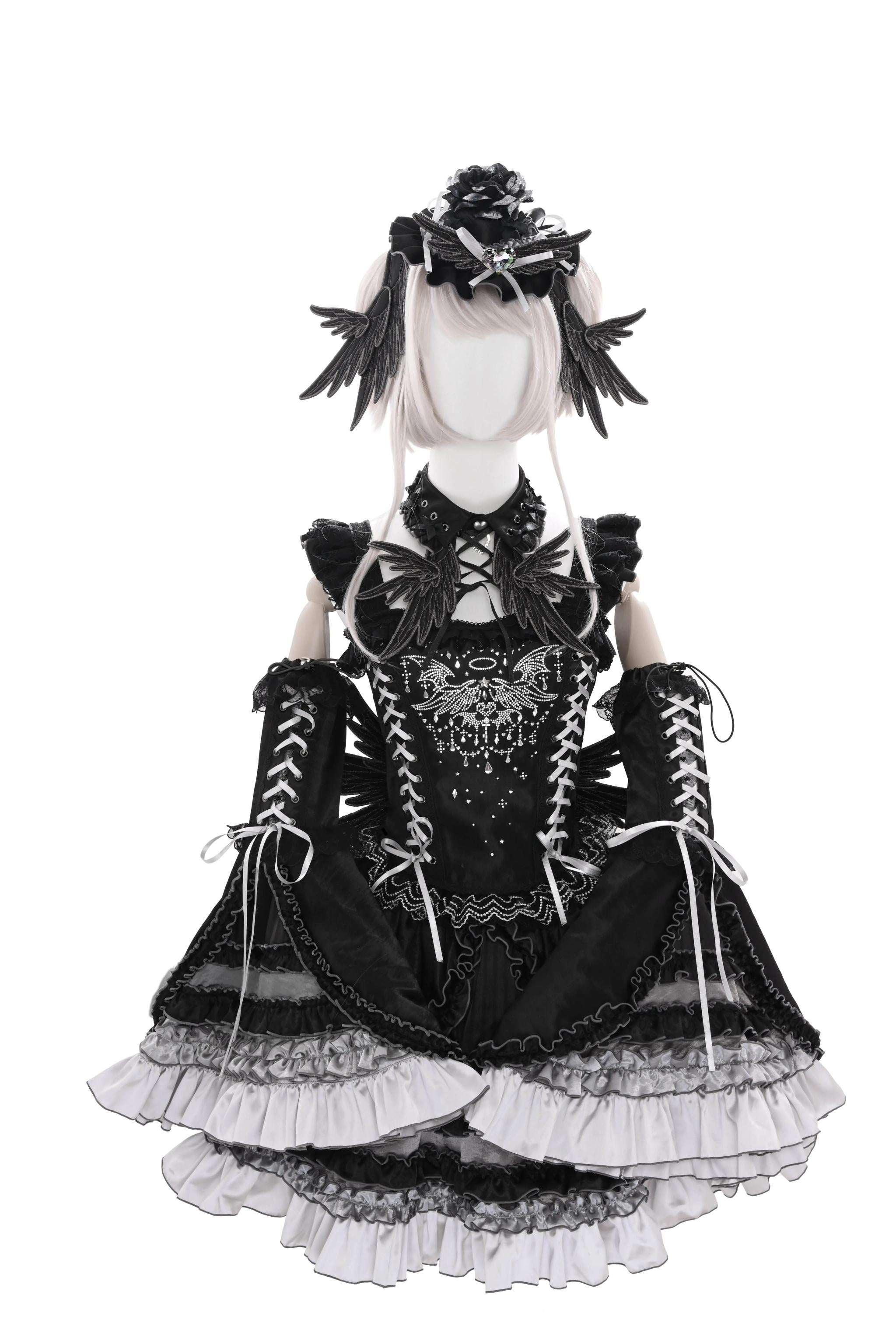 LustrE - Metallic Angel Black - Gothic Lolita Rhinestone Top & Ruffled Skirt Set 43991:791087