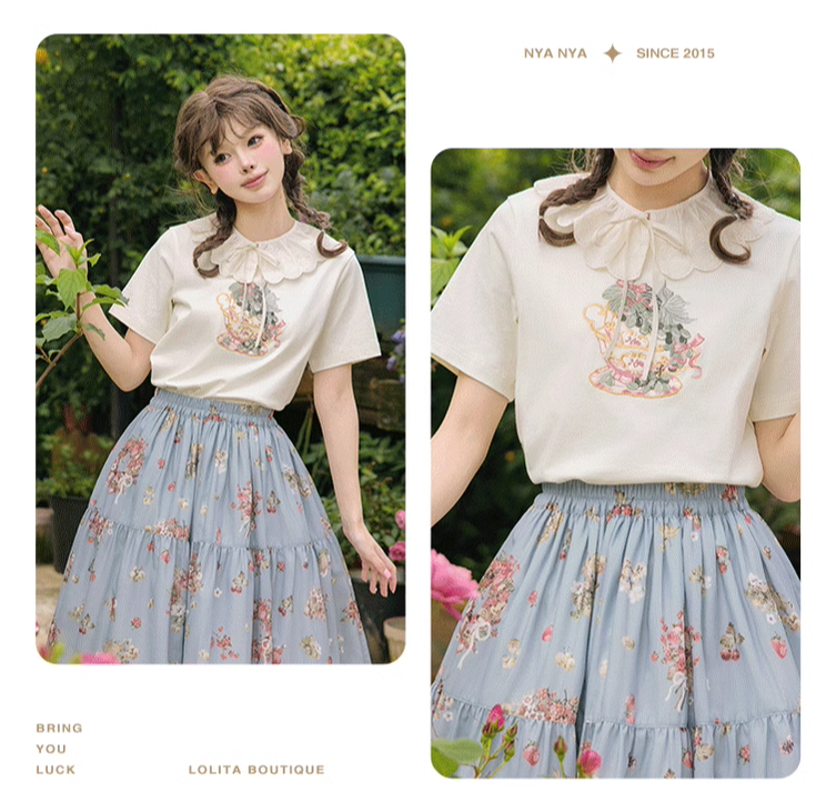 NyaNya - Four Seasons Collection - Sweet Lolita T-shirt Summer Loose Fit Embroidered T-shirt
