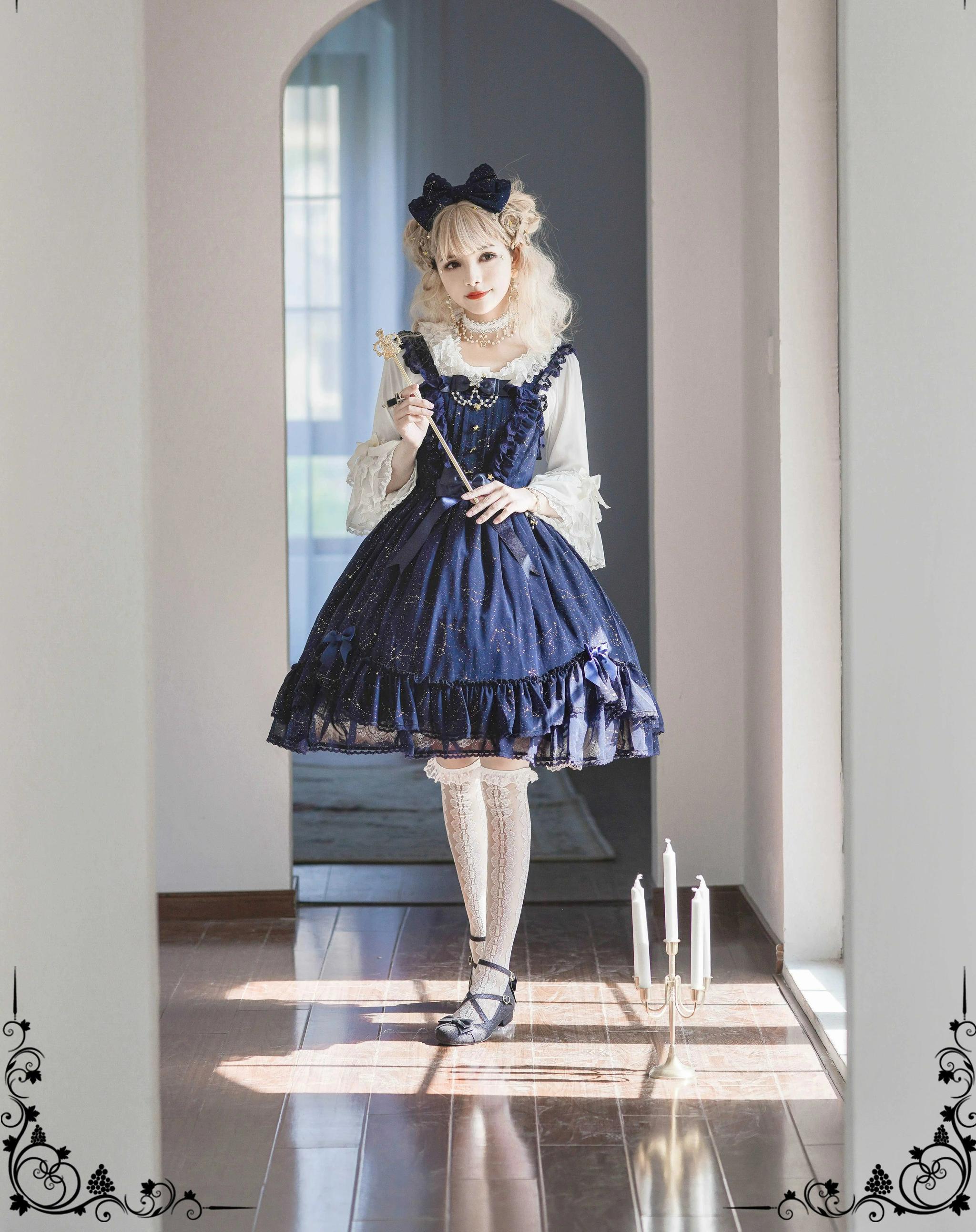 Whisper of Stars - Elegant Lolita Black JSK Dress, Constellation Foil Printing 34582:495558