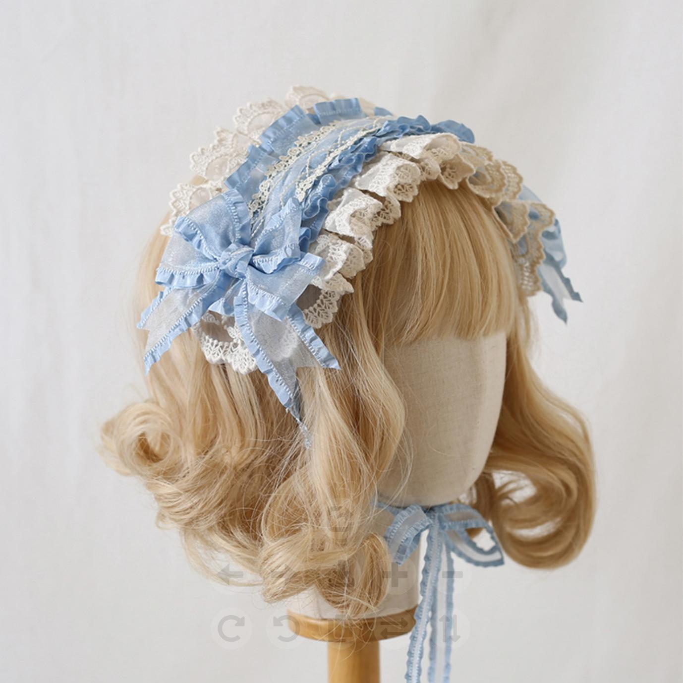 Xiaogui - Mood Limited - Elegant Lolita Headdress Bow Lace KC Grey Blue (ivory lace)