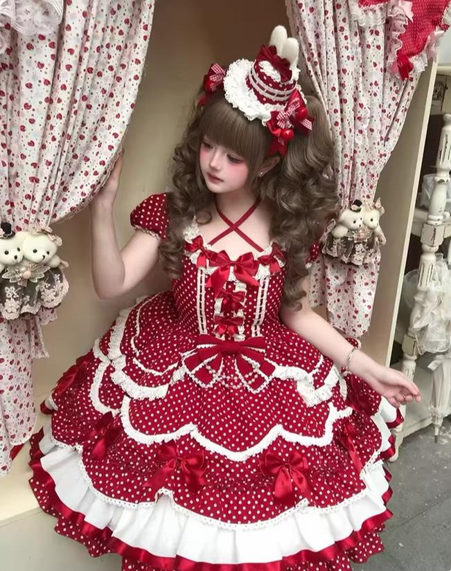 Berry Dew Drops - Red Old School Lolita OP Dress, Polka Dot