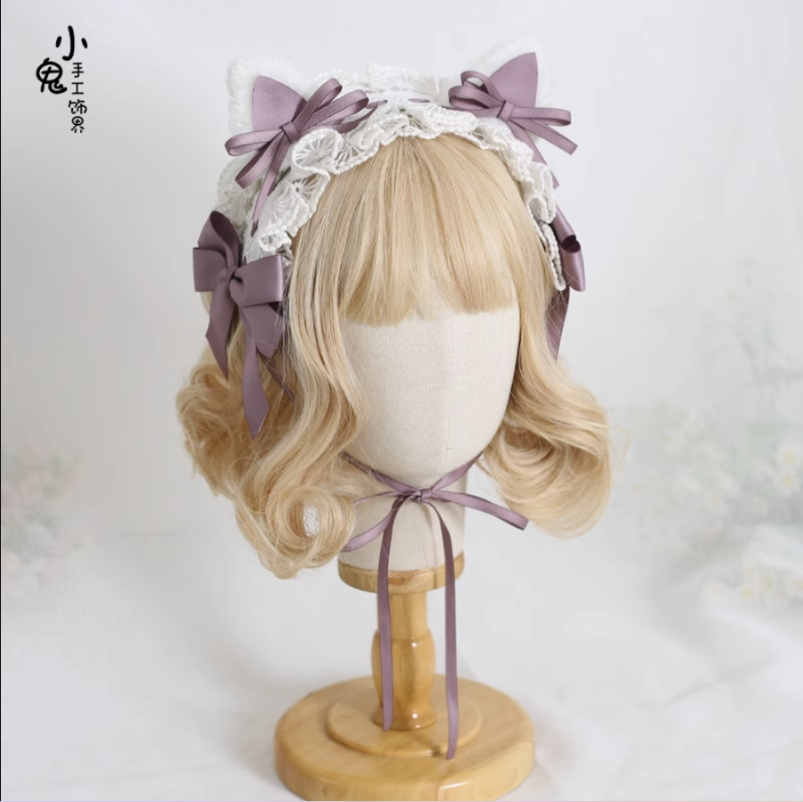 Xiaogui - Sweet Lolita Cat Ear Bow Headband Smoke Purple Cat Ear Hairband