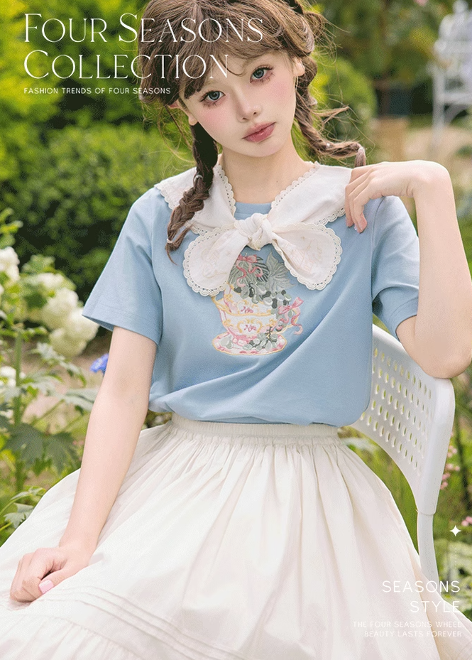 NyaNya - Four Seasons Collection - Sweet Lolita T-shirt Summer Loose Fit Embroidered T-shirt