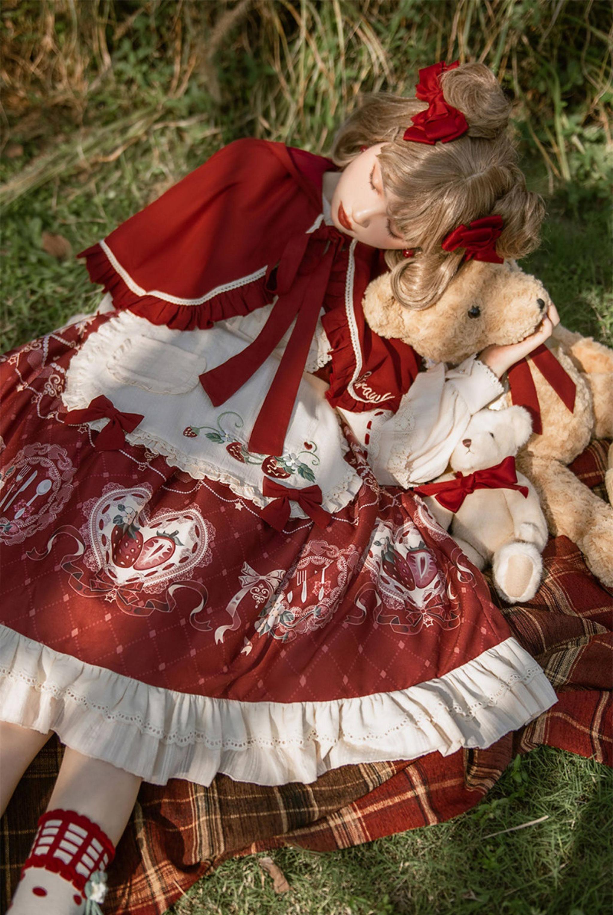 Strawberry Diary - Sweet Lolita Strawberry Print OP Dress with Cape