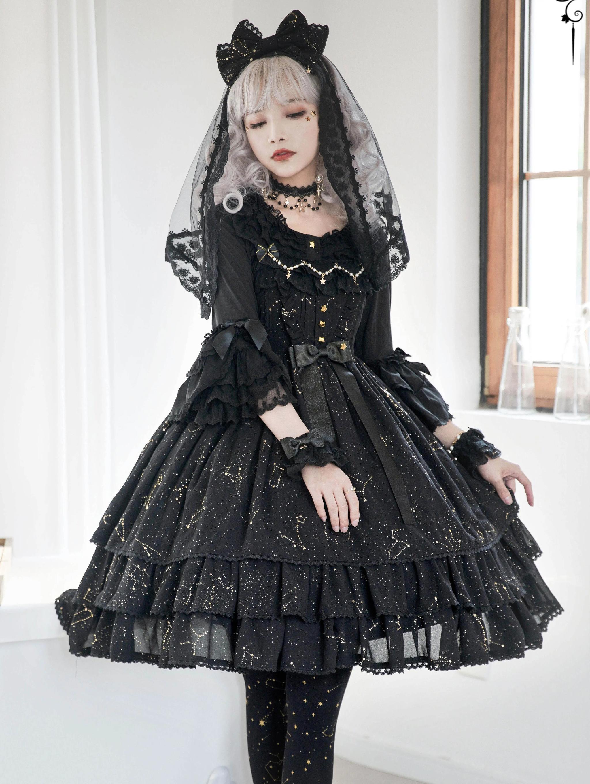 Sakuya Lolita - Whisper Of Stars - Constellation Foil Printing Elegant Lolita High Waist JSK Dress Black High Waist JSK Star Lace Hem Dress (without blouse)