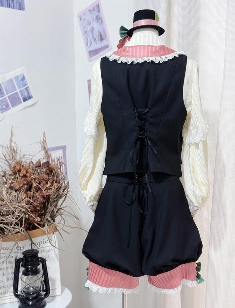 CastleToo - Candy Shop - Ouji Lolita Vest Outfit With Patchwork Design/Bow Details Vest + Shorts + Two Small Bows + A Large Bow Trailing F