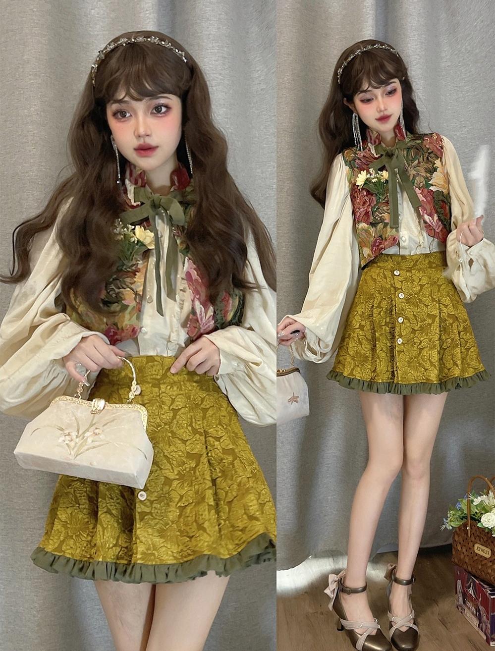Gilded Age - Vintage Lolita Vest Suit, Oil Painting Style Skirt Coat