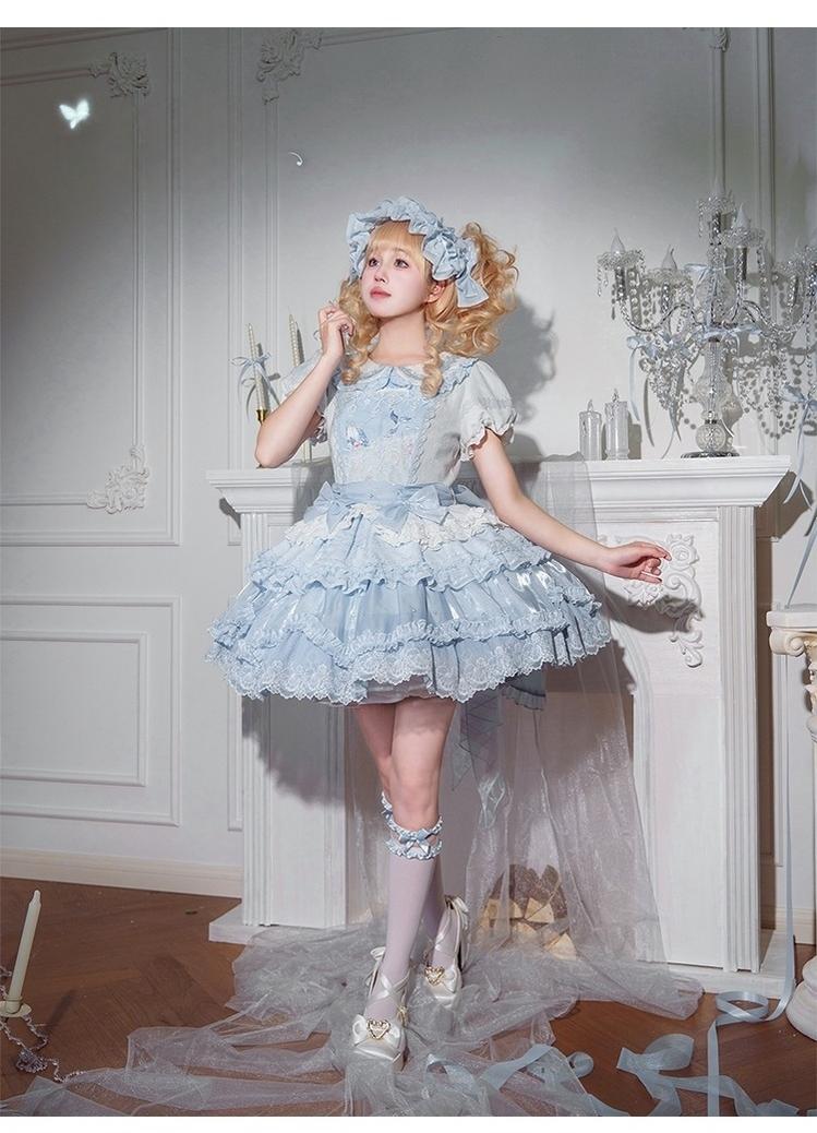 Honey Machine - Blue Whale - Sweet Lolita OP Suit Tiered Ruffle Dress with Shell Lace OP Only S