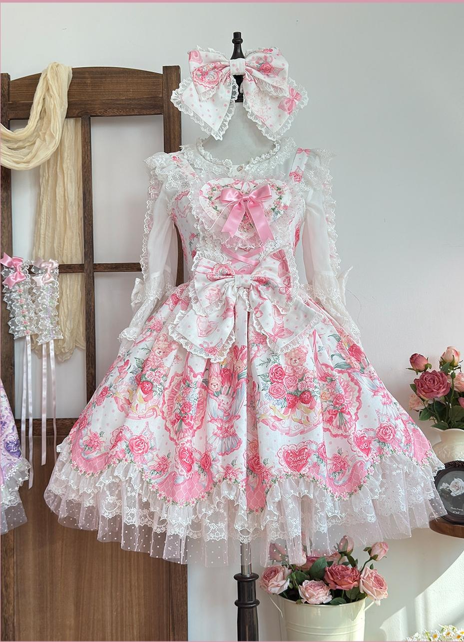 Valentine Bouquet - Old School Lolita Bouquet Printed JSK Dress with Bows (L M S XL) 45553:852640