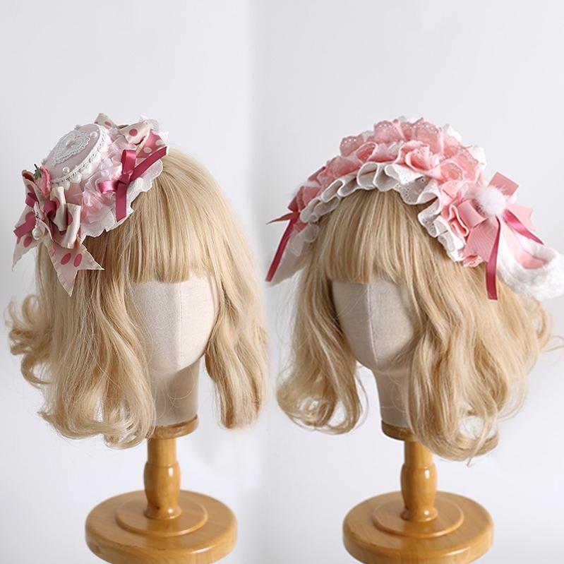 Xiaogui - Sweet Lolita Headdress Pink White Top Hat and Hairband