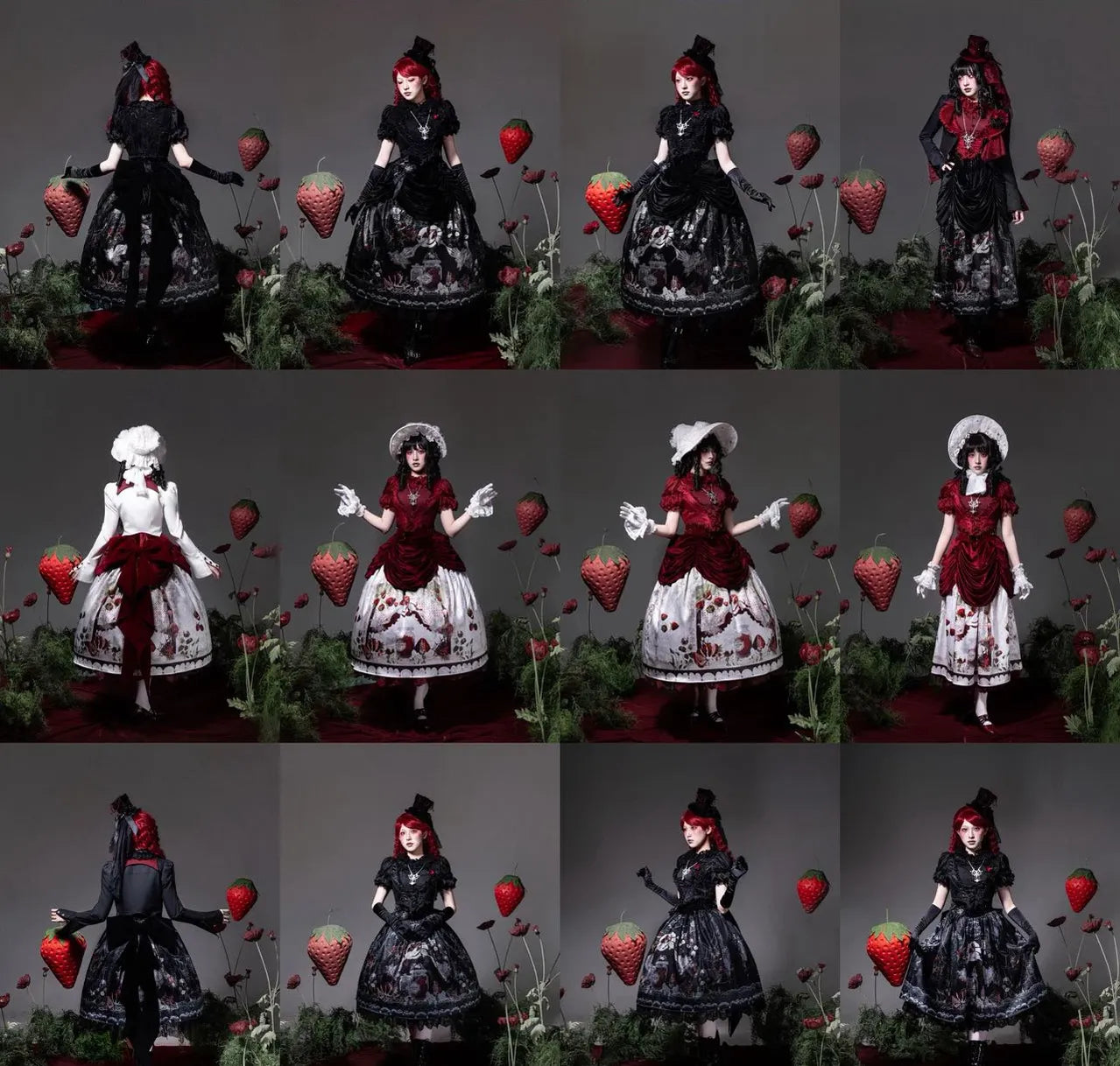 Monster Strawberry Hunt - Gothic Lolita Strawberry Printed Velvet Dress Set 45737:859927