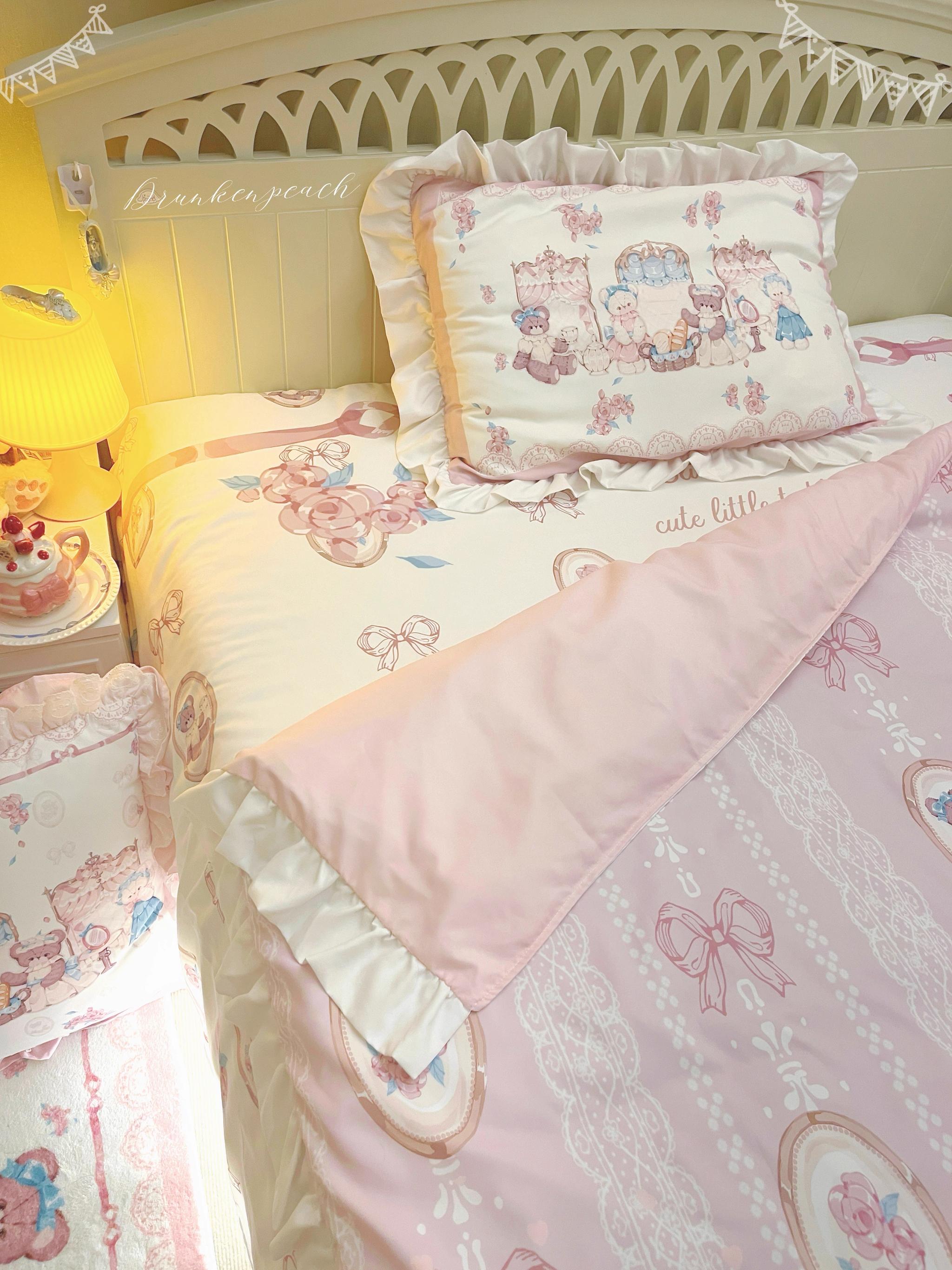 Drunke - Bears Afternoon Tea - Cute Lolita Bedding Set Bear Print Lolita Four-piece Suit Pink and purple 0.9/1.2m bed (three-piece set)